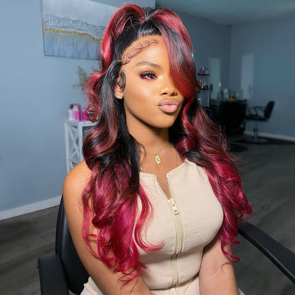 Sweetie Look! Natural Black Roots Burgundy Loose Wave Virgin Hair Lace Frontal Wig